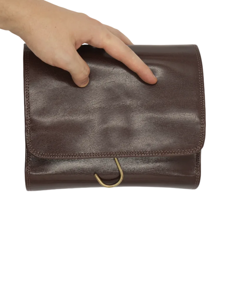 Trousse de toilette en cuir à suspendre voyage avec compartiments et bandes élastiques garde accessoire repliée 2