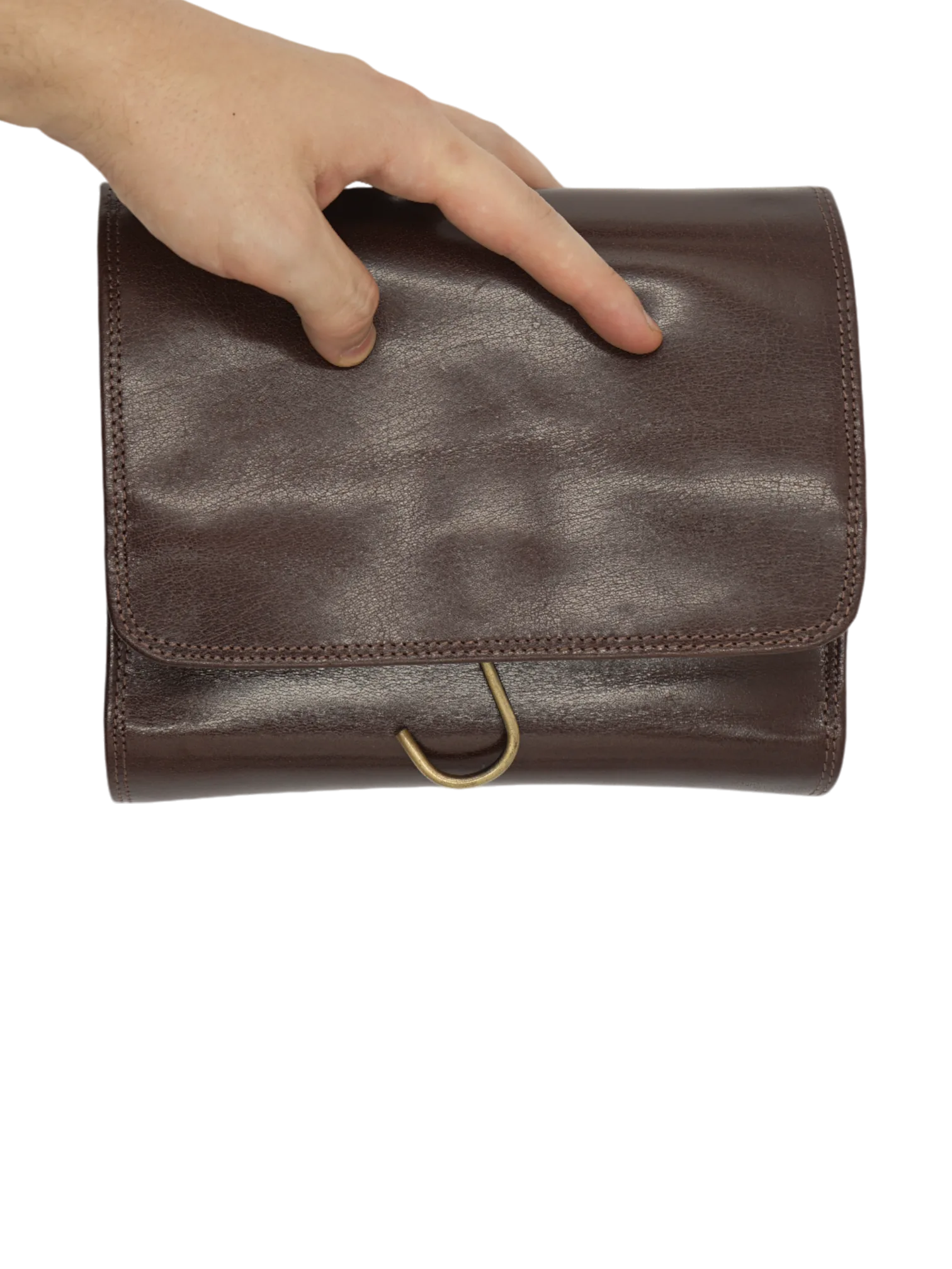 Trousse de toilette en cuir à suspendre voyage avec compartiments et bandes élastiques garde accessoire repliée 2