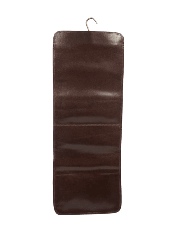 Trousse de toilette en cuir à suspendre voyage avec compartiments et bandes élastiques garde accessoire vue arrière