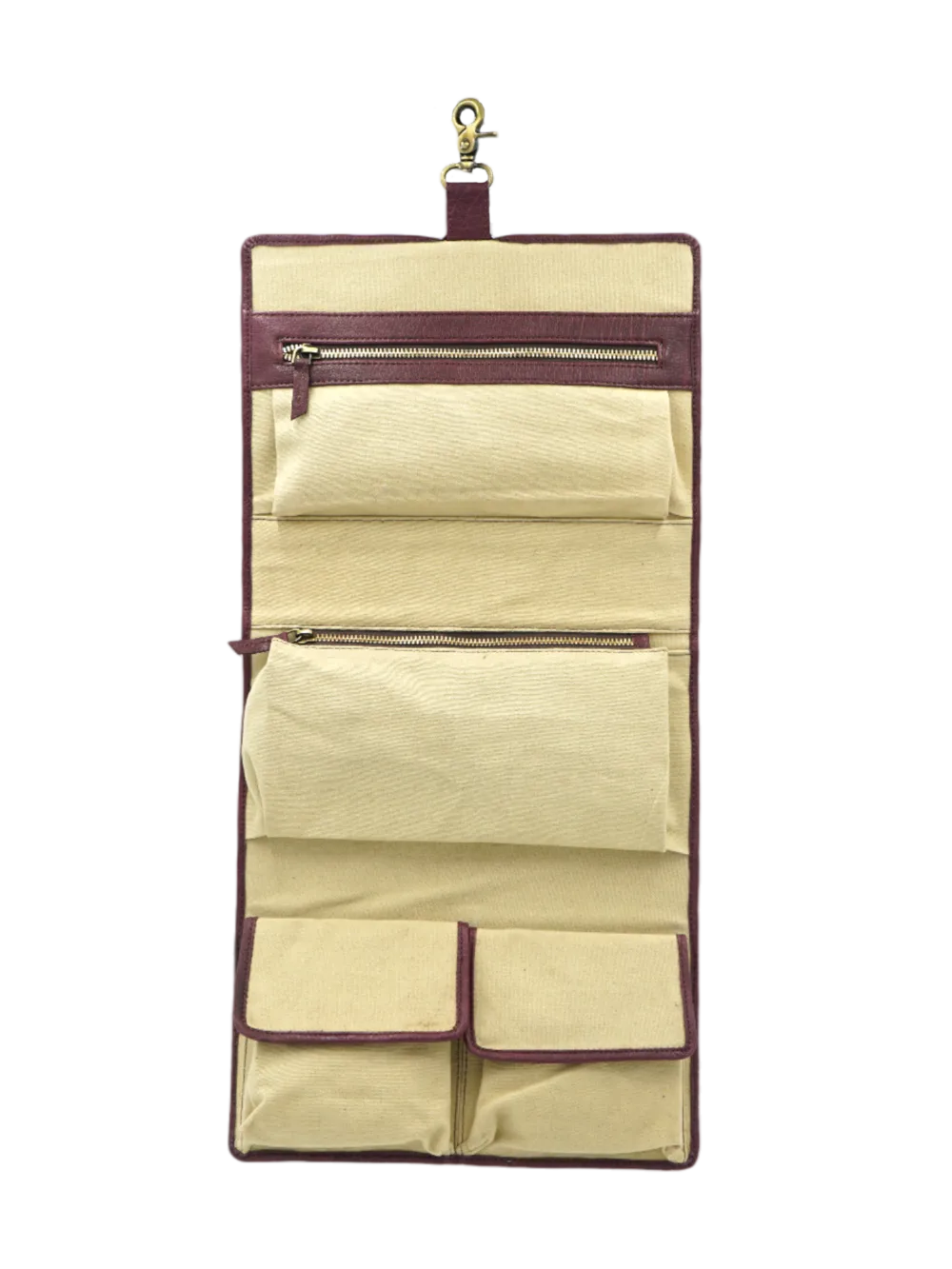 Trousse de toilette femme à suspendre en cuir rouge vue avant présentation Trousse de toilette femme à suspendre en cuir rouge vue avant présentation