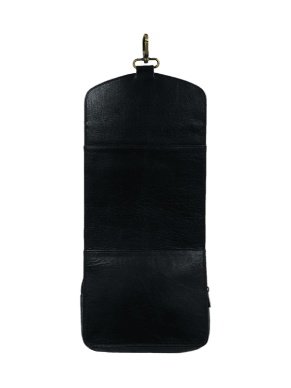 Trousse de toilette homme en cuir à suspendre noir avec compartiments vue arrière
