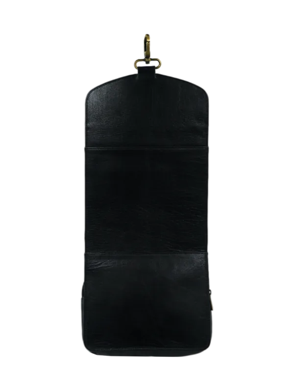 Trousse de toilette homme en cuir à suspendre noir avec compartiments vue arrière
