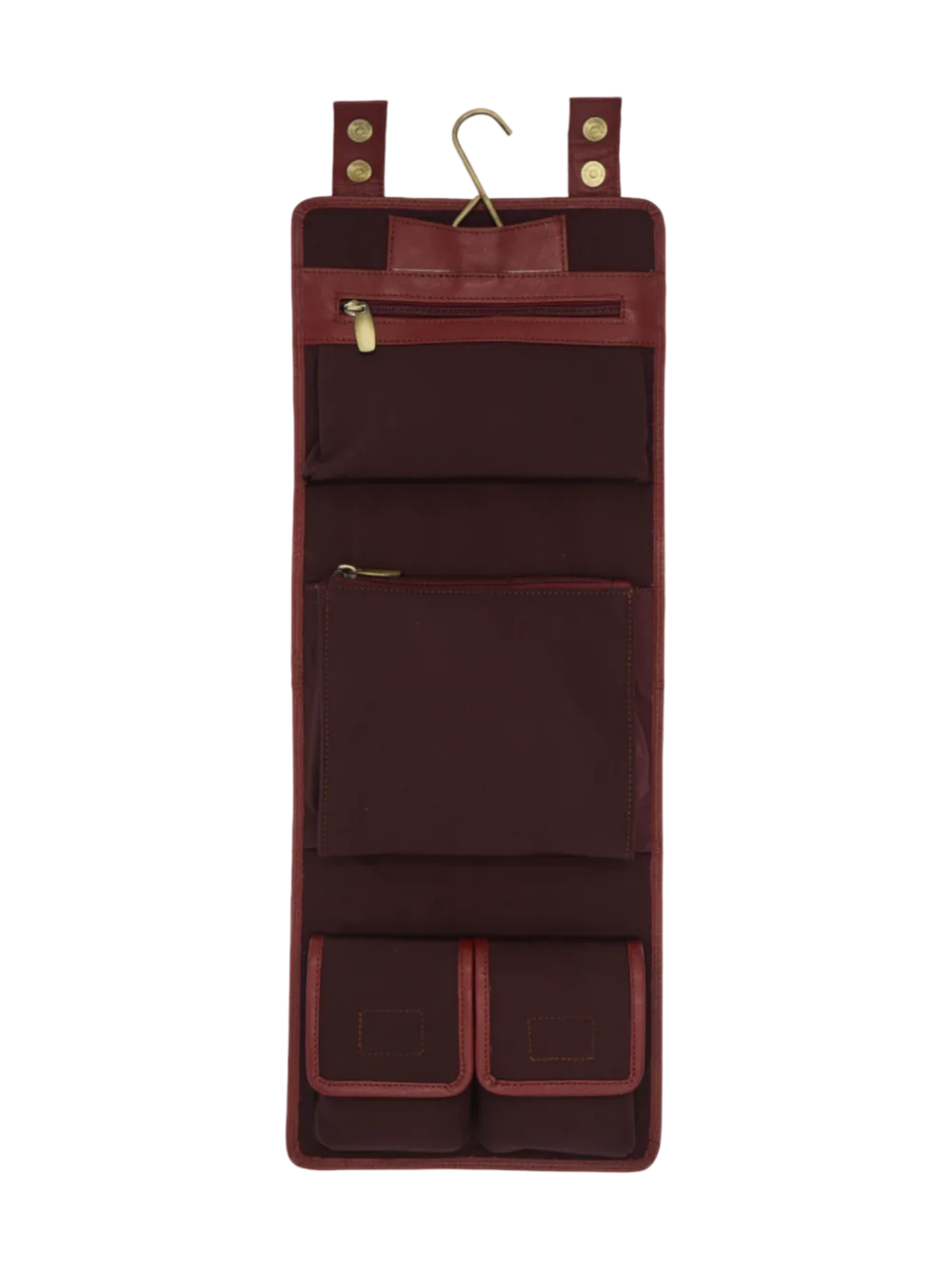 Trousse de toilette maquillage en cuir pour femme à suspendre avec quatre compartiments voyage tannage végétal rouge Trousse de toilette maquillage en cuir pour femme à suspendre avec quatre compartiments voyage tannage végétal rouge