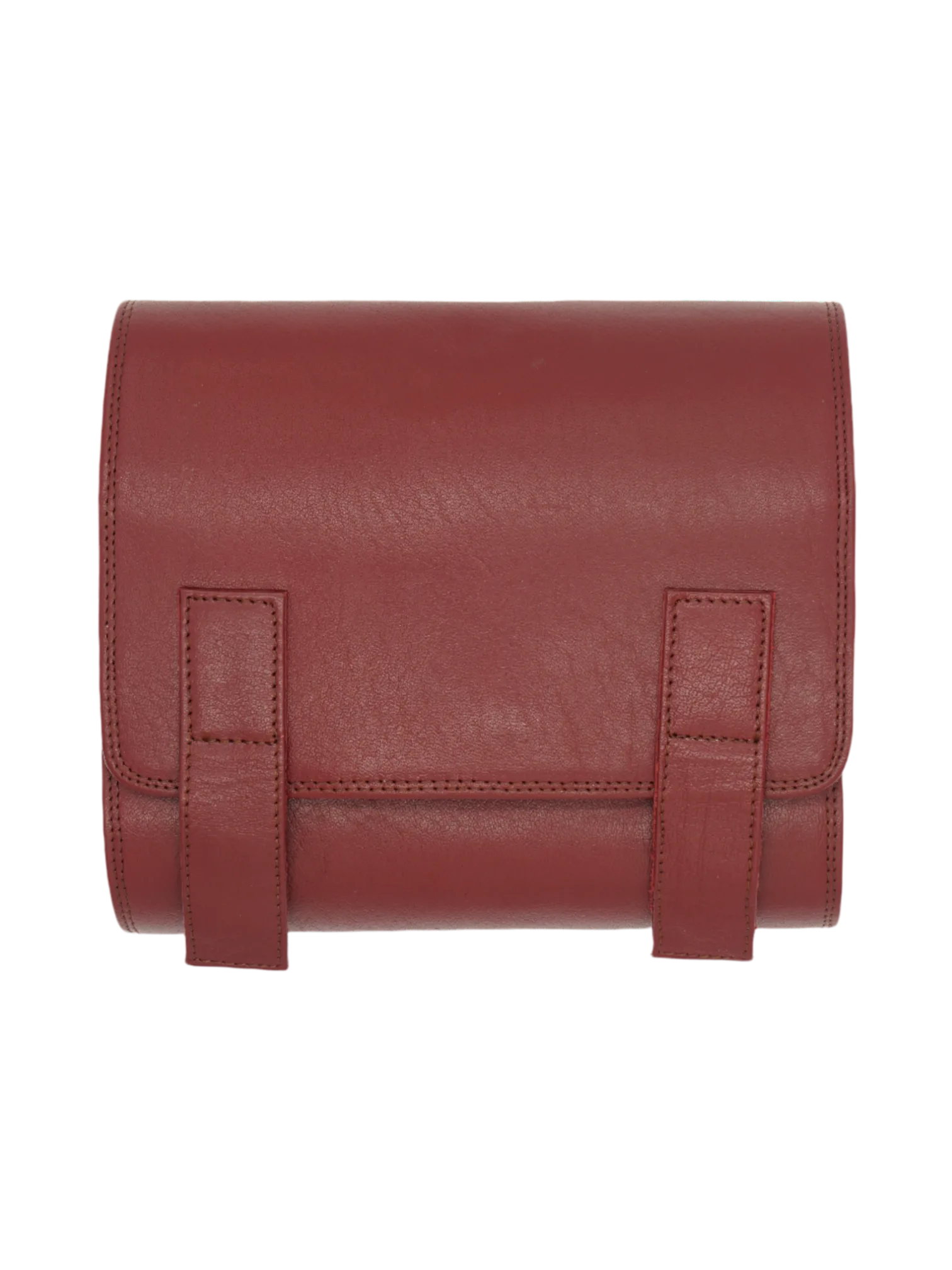 Trousse de toilette maquillage en cuir pour femme à suspendre avec quatre compartiments voyage tannage végétal rouge photo repliée vue de dessus 1