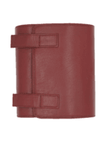 Trousse de toilette maquillage en cuir pour femme à suspendre avec quatre compartiments voyage tannage végétal rouge photo repliée vue de dessus Trousse de toilette maquillage en cuir pour femme à suspendre avec quatre compartiments voyage tannage végétal rouge photo repliée vue de dessus