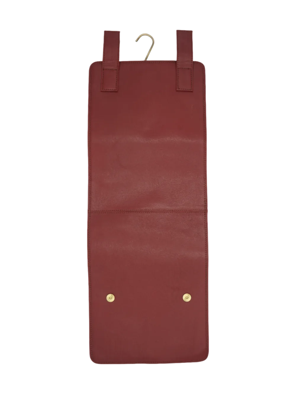 Trousse de toilette maquillage en cuir pour femme à suspendre avec quatre compartiments voyage tannage végétal rouge vue arrière Trousse de toilette maquillage en cuir pour femme à suspendre avec quatre compartiments voyage tannage végétal rouge vue arrière