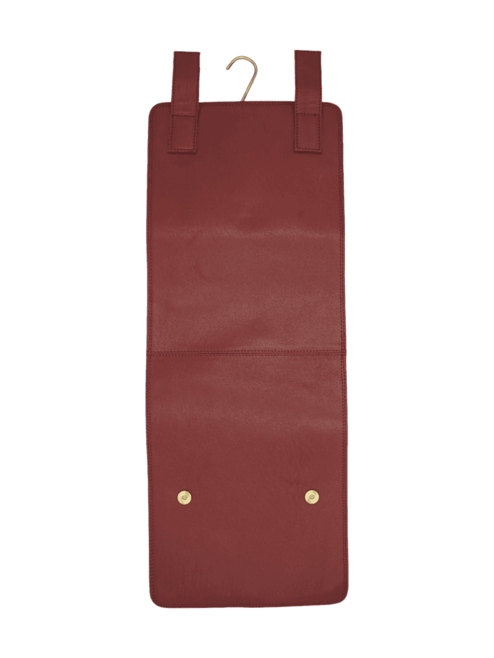 Trousse de toilette maquillage en cuir pour femme à suspendre avec quatre compartiments voyage tannage végétal rouge vue arrière Trousse de toilette maquillage en cuir pour femme à suspendre avec quatre compartiments voyage tannage végétal rouge vue arrière