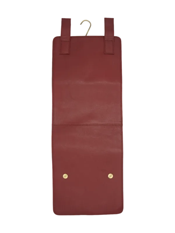 Trousse de toilette maquillage en cuir pour femme à suspendre avec quatre compartiments voyage tannage végétal rouge vue arrière