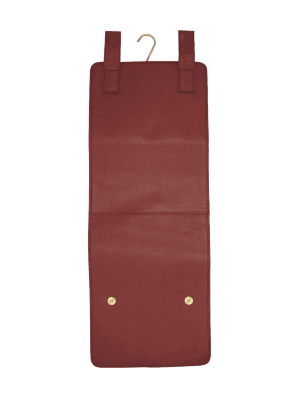 Trousse de toilette maquillage en cuir pour femme à suspendre avec quatre compartiments voyage tannage végétal rouge vue arrière