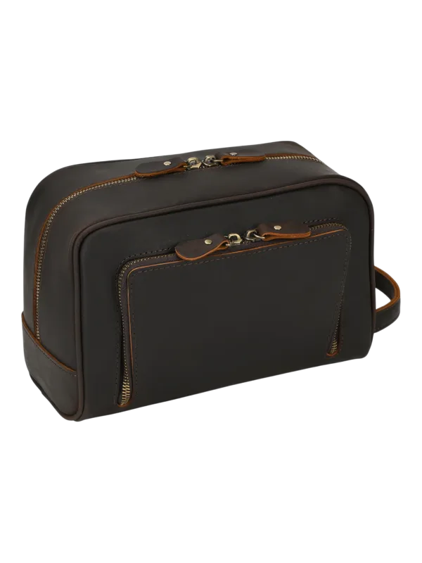 Trousse de toilette en cuir avec compartiments et pochettes souple et durable pour voyage elegant avec zips fonctionnels 1.png