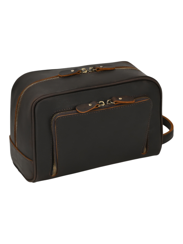 Trousse de toilette en cuir avec compartiments et pochettes souple et durable pour voyage elegant avec zips fonctionnels 2.png