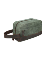 Trousse de toilette en tissu avec empiècement en cuir compacte avec compartiments et pochette avant style brut délavé 2 Trousse de toilette en tissu avec empiècement en cuir compacte avec compartiments et pochette avant style brut délavé 2