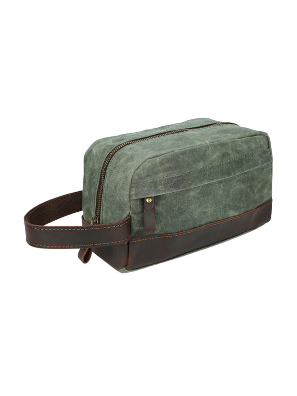 Trousse de toilette en tissu avec empiècement en cuir compacte avec compartiments et pochette avant style brut délavé 2