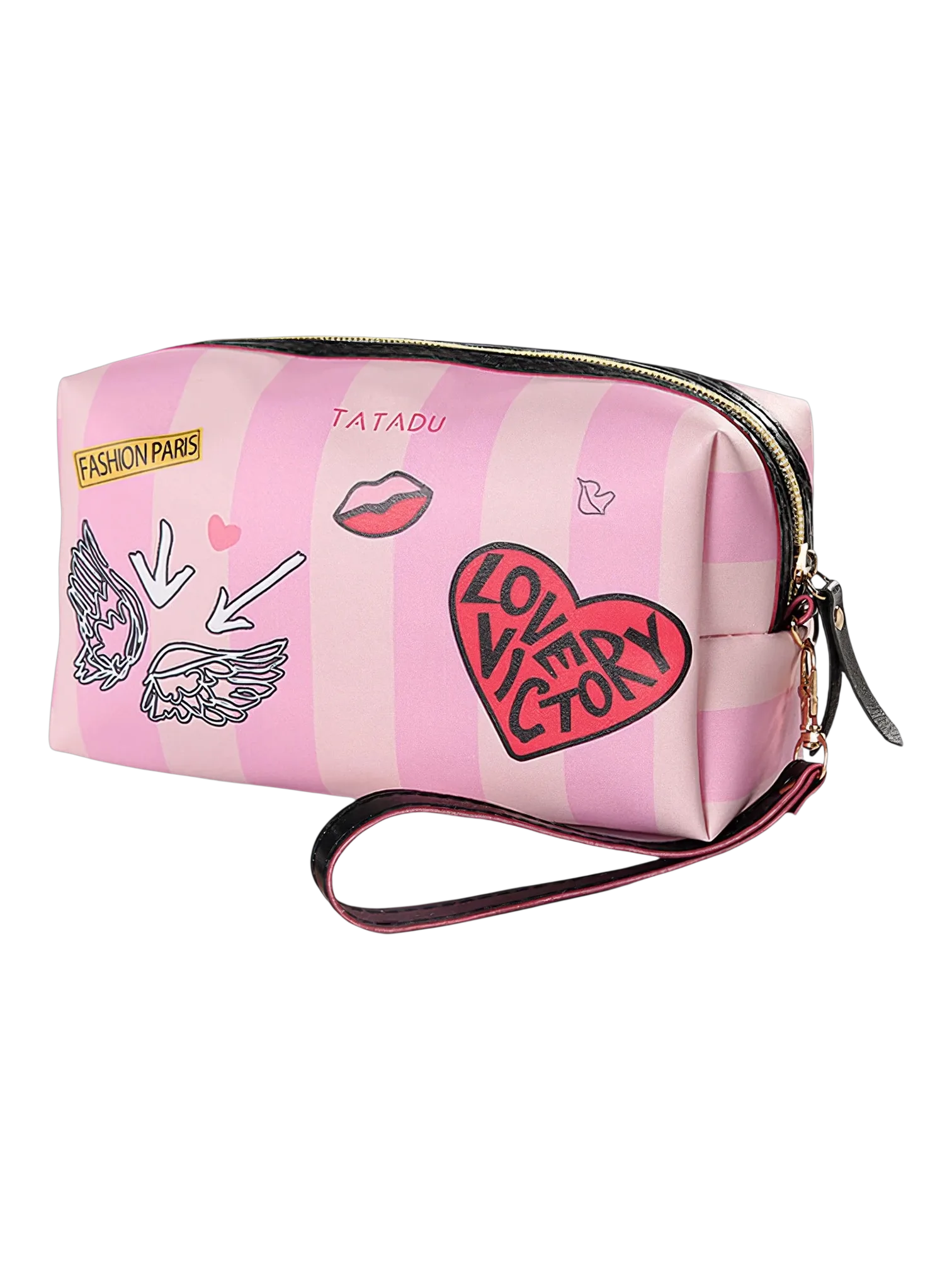 Trousse de toilette femme simple fashion rose avec design graphique et imprime pouce coeur et levres 1.png