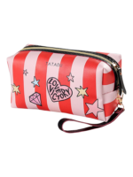 Trousse de toilette femme simple fashion rose avec rayures rouges et petits stickers colorés avec cœur argenté