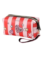 Trousse de toilette femme simple fashion rose avec rayures rouges et petits stickers colorés avec cœur argenté