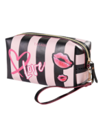 Trousse de toilette femme simple fashion rose en pvc rose et noir avec pastilles de baiser et coeur pour cosmetiques 1.png