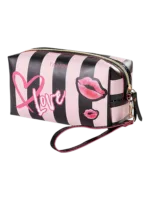 Trousse de toilette femme simple fashion rose en pvc rose et noir avec pastilles de baiser et coeur pour cosmetiques 1.png