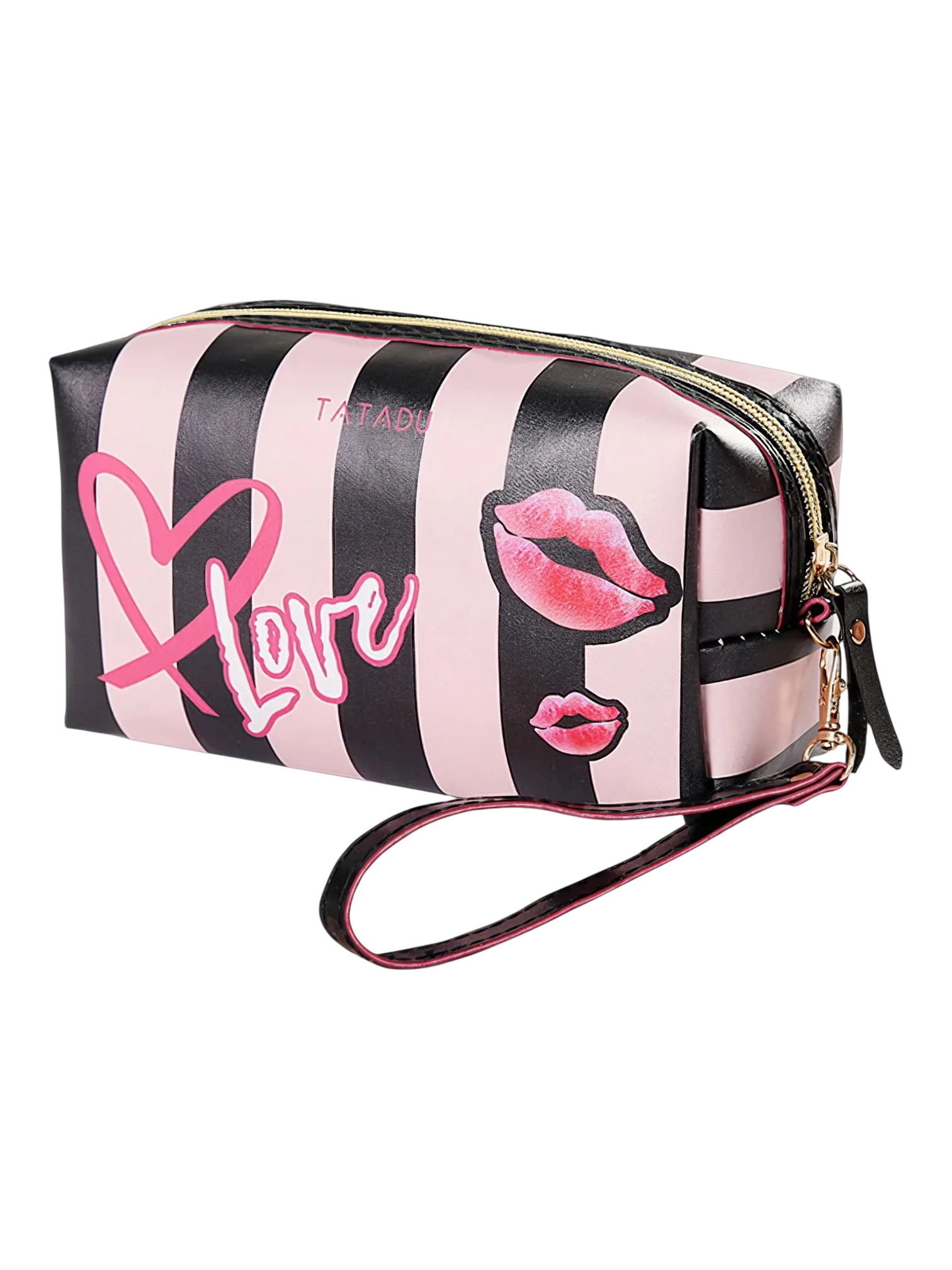 Trousse de toilette femme simple fashion rose en pvc rose et noir avec pastilles de baiser et coeur pour cosmetiques 1.png