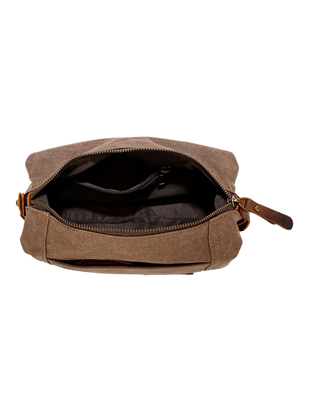 Trousse de toilette homme en tissu avec empiècement en cuir compacte avec compartiments style brut dessus ouverte