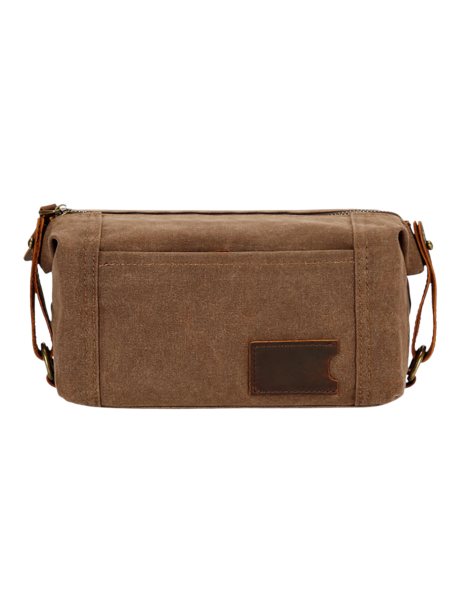 Trousse de toilette homme tissu empiecement cuir avec compartiments style brut marron design pratique et simpliste 1.png