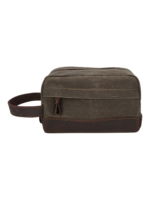 Trousse de toilette tissu empiècement cuir compartiments pochette avant style brut délavé avec poignée souple sobre et fonctionnel