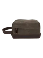 Trousse de toilette tissu empiècement cuir compartiments pochette avant style brut délavé avec poignée souple sobre et fonctionnel