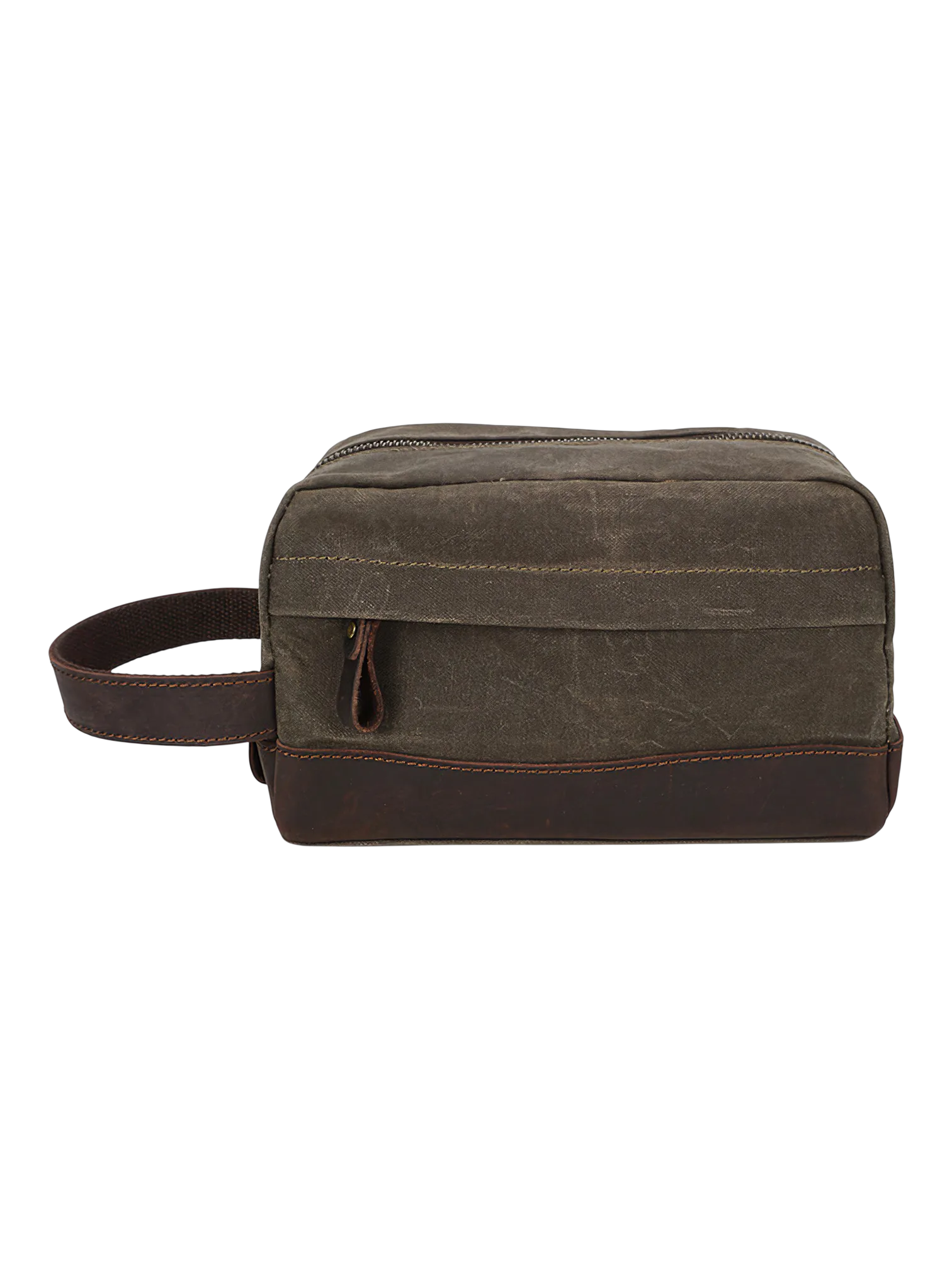 Trousse de toilette tissu empiècement cuir compartiments pochette avant style brut délavé avec poignée souple sobre et fonctionnel