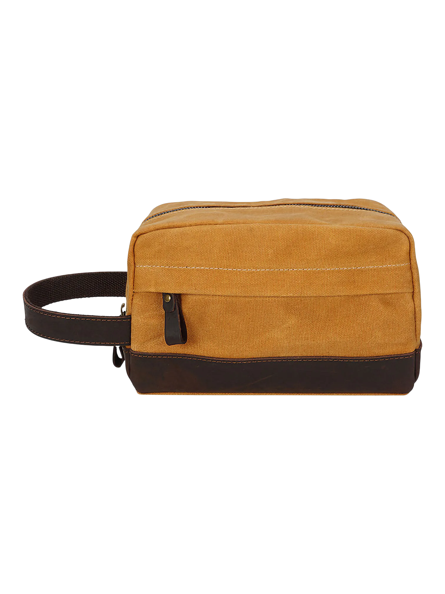 Trousse de toilette tissu empiecement cuir compartiments pochette avant style brut delave couleur moutarde accessoire hommes femmes 1.png