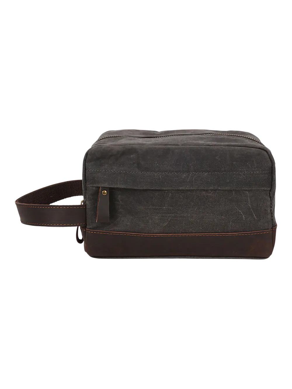 Trousse de toilette tissu empiècement cuir compartiments pochette avant style brut délavé souple pratique pour voyageur Trousse de toilette tissu empiècement cuir compartiments pochette avant style brut délavé souple pratique pour voyageur
