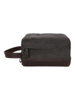 Trousse de toilette tissu empiècement cuir compartiments pochette avant style brut délavé souple pratique pour voyageur