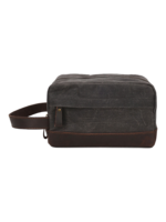 Trousse de toilette tissu empiècement cuir compartiments pochette avant style brut délavé souple pratique pour voyageur Trousse de toilette tissu empiècement cuir compartiments pochette avant style brut délavé souple pratique pour voyageur