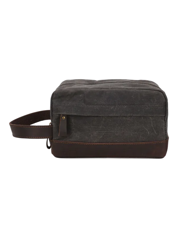 Trousse de toilette tissu empiècement cuir compartiments pochette avant style brut délavé souple pratique pour voyageur