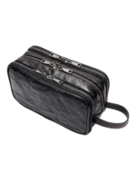 Trousse de toilette triple compartiment en cuir noir et rouge avec pochettes et elastiques multifonctionnelle pour voyage élégante