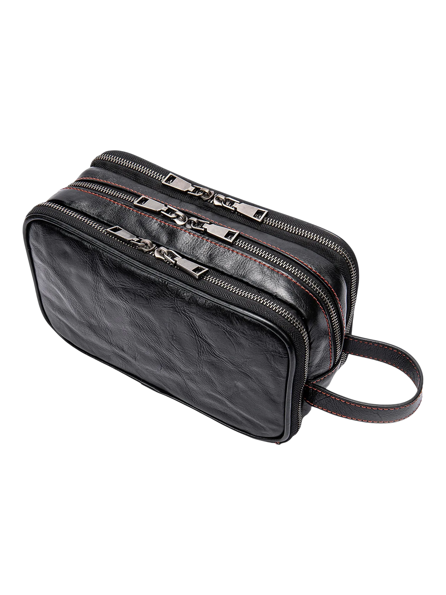 Trousse de toilette triple compartiment en cuir noir et rouge avec pochettes et elastiques multifonctionnelle pour voyage élégante