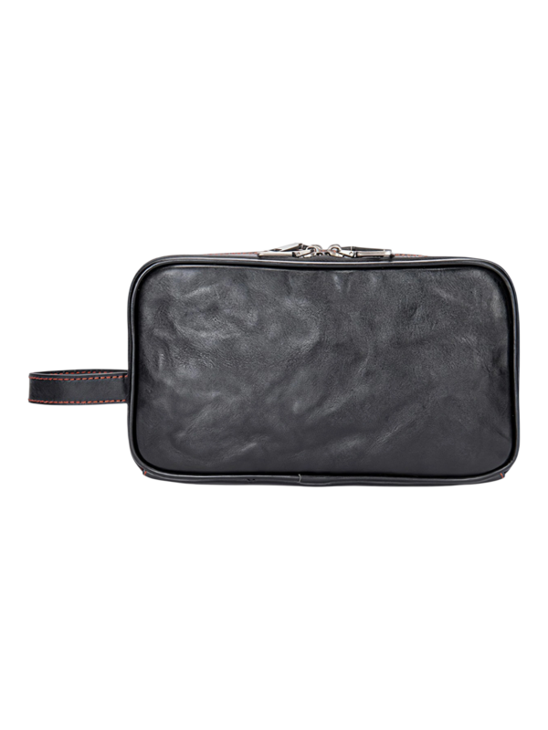 Trousse de toilette triple compartiment en cuir noir et rouge avec pochettes et elastiques pour soins personnels uniques 1.png