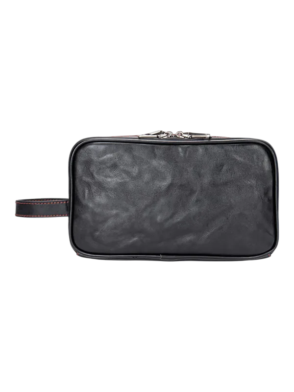 Trousse de toilette triple compartiment en cuir noir et rouge avec pochettes et elastiques pour soins personnels uniques 1.png