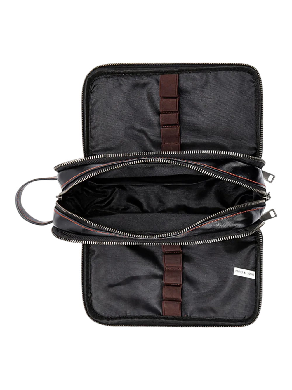 Trousse de toilette triple compartiment en cuir noir et rouge avec pochettes et elastiques pour voyage organisation pratique Trousse de toilette triple compartiment en cuir noir et rouge avec pochettes et elastiques pour voyage organisation pratique