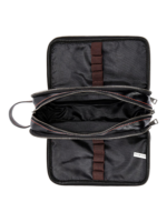 Trousse de toilette triple compartiment en cuir noir et rouge avec pochettes et elastiques pour voyage organisation pratique