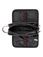 Trousse de toilette triple compartiment en cuir noir et rouge avec pochettes et elastiques pour voyage organisation pratique