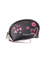 Trousse pochette fashion cosmétique maquillage femme coque noire avec cœurs et bouches rouges style paris Trousse pochette fashion cosmétique maquillage femme coque noire avec cœurs et bouches rouges style paris