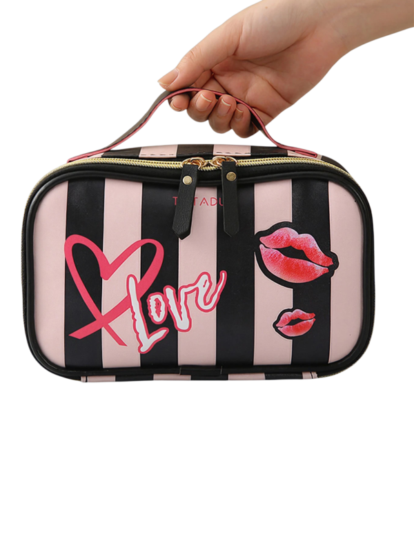 Trousse vanity cosmetique maquillage femme compartiment pinceaux noir blanc rayures meilleure valise porte pinceaux avec motif bisous 1.png