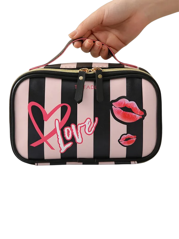 Trousse vanity cosmetique maquillage femme compartiment pinceaux noir blanc rayures meilleure valise porte pinceaux avec motif bisous 1.png