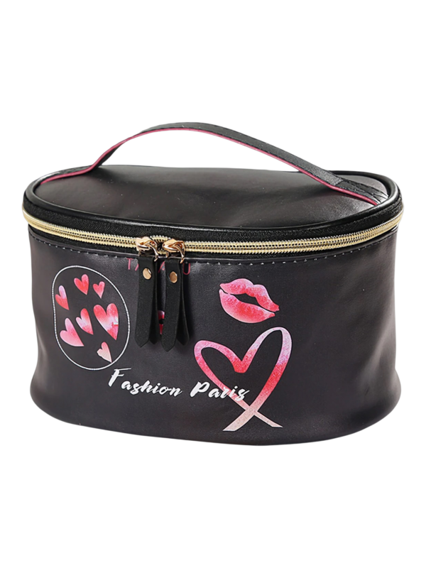 Vanity femme cosmetique maquillage simple fashion rose trendy makeup bag with graphic hearts and kiss lips design 1.png