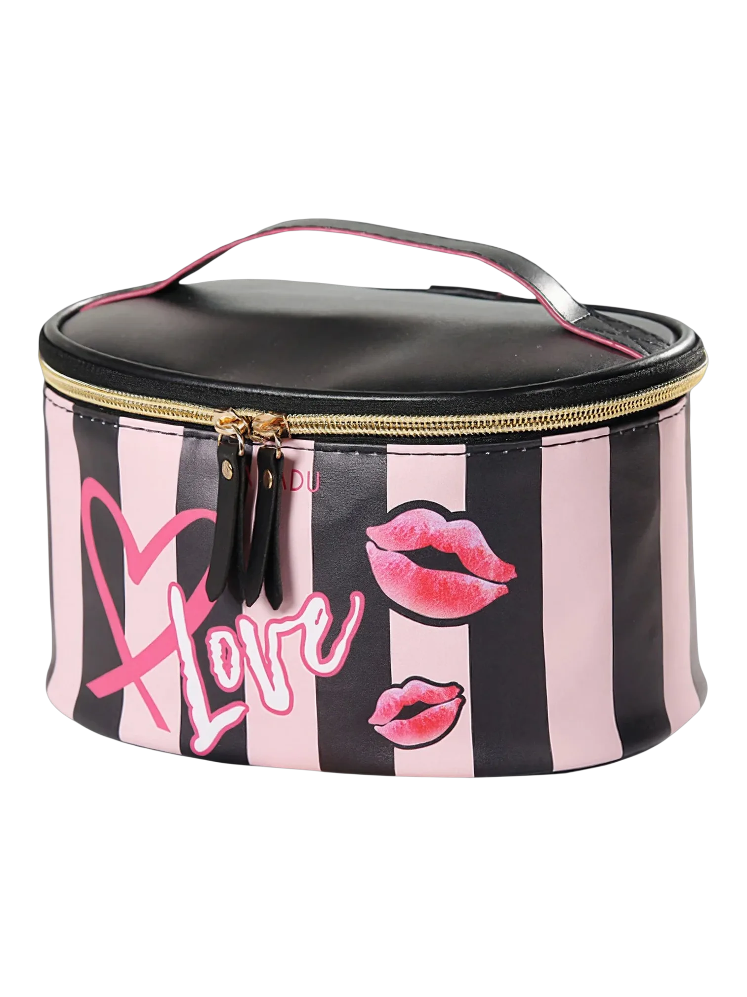 Vanity femme cosmetique maquillage simple fashion rose trousse a maquillage avec bouche rose et rayures noires 1.png