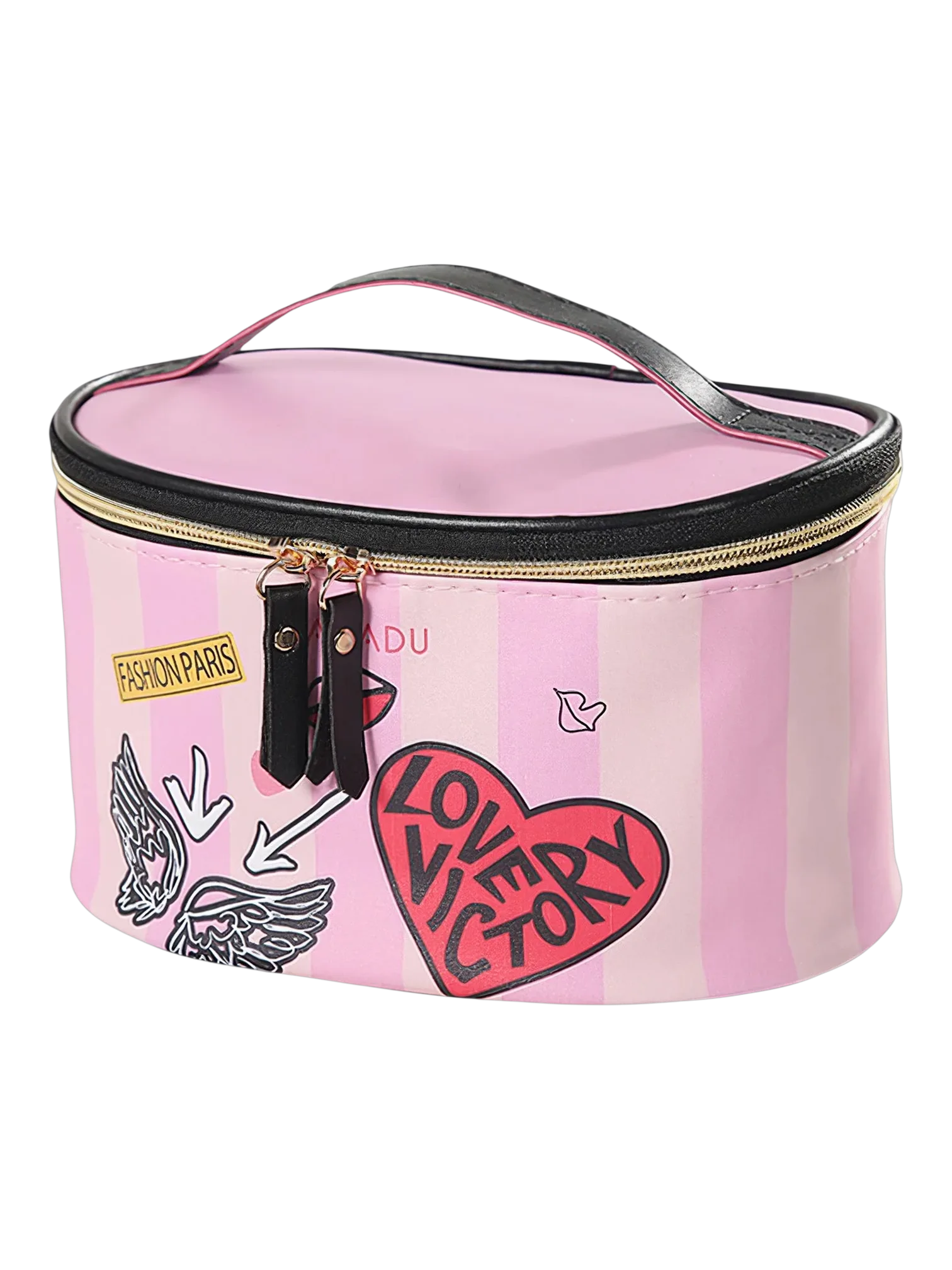 Vanity femme cosmetique maquillage simple fashion rose trousse de toilette rose avec stickers et zaippes noires 1.png