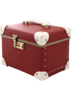 Mallette de maquillage portable rouge avec poignée dorée et détails en cuir blanc pour coiffure avec miroir intégré