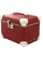 Mallette de maquillage portable rouge avec poignée dorée et détails en cuir blanc pour coiffure avec miroir intégré