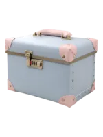 Mallette de maquillage portable vintage en cuir bleu avec accents rose et système de verrouillage