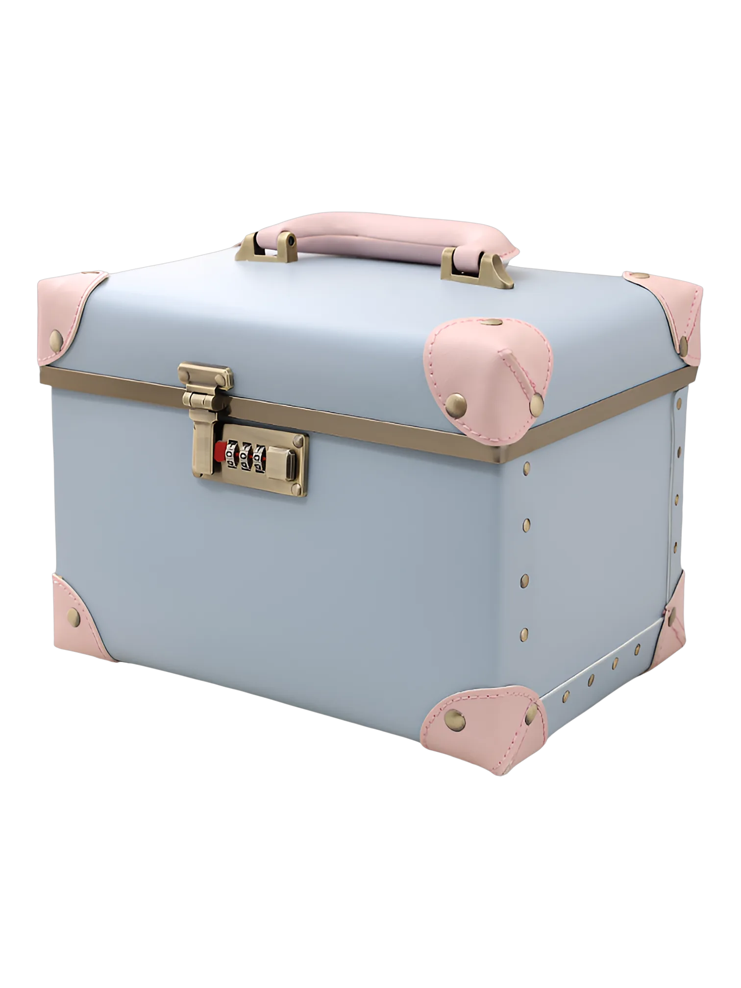 Mallette de maquillage portable vintage en cuir bleu avec accents rose et système de verrouillage